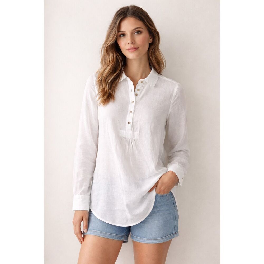 Antibes Blanc White Linen Tunic Blouse Womens Small Button Front